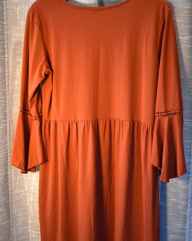 New HV Laced Front Rust Colored Boho-Style Mini Dress With Bell Sleeves and Lace -Up Neckline