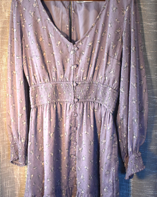 Hollister Chiffon Textured Purple Rose Design Fabric Dress with Shirred Waist and Shirred Cuff Sleeves