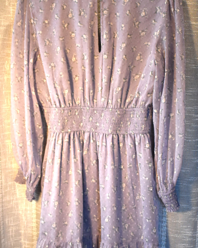 Hollister Chiffon Textured Purple Rose Design Fabric Dress with Shirred Waist and Shirred Cuff Sleeves