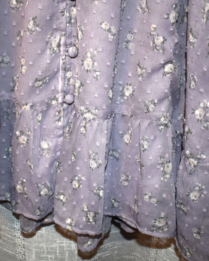 Hollister Chiffon Textured Purple Rose Design Fabric Dress with Shirred Waist and Shirred Cuff Sleeves