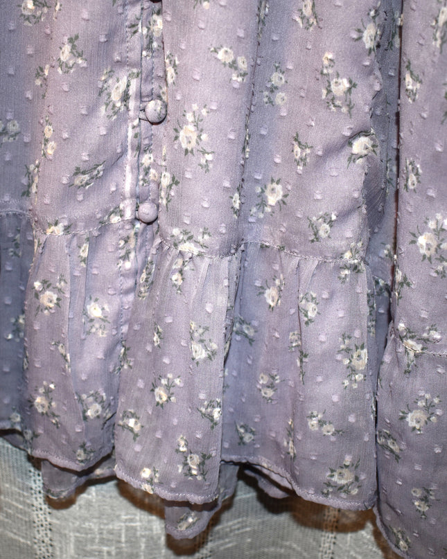 Hollister Chiffon Textured Purple Rose Design Fabric Dress with Shirred Waist and Shirred Cuff Sleeves