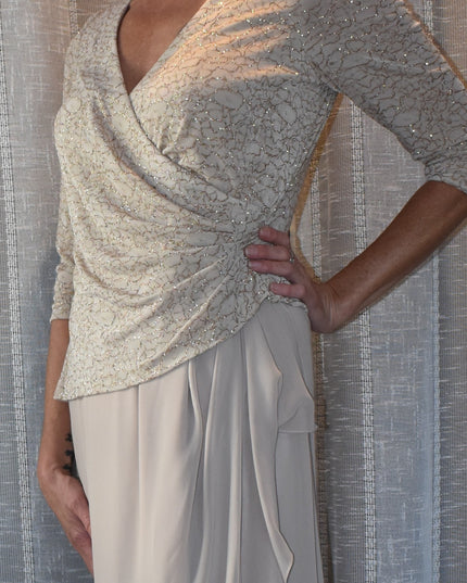 Alex Evenings Elegant Mock Two-Piece Gold Metallic Champagne Formal Dress with Sequins