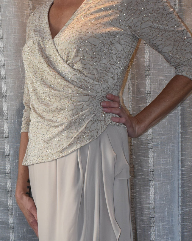 Alex Evenings Elegant Mock Two-Piece Gold Metallic Champagne Formal Dress with Sequins
