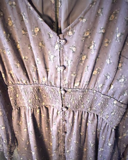Hollister Chiffon Textured Purple Rose Design Fabric Dress with Shirred Waist and Shirred Cuff Sleeves