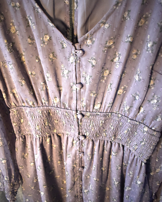 Hollister Chiffon Textured Purple Rose Design Fabric Dress with Shirred Waist and Shirred Cuff Sleeves