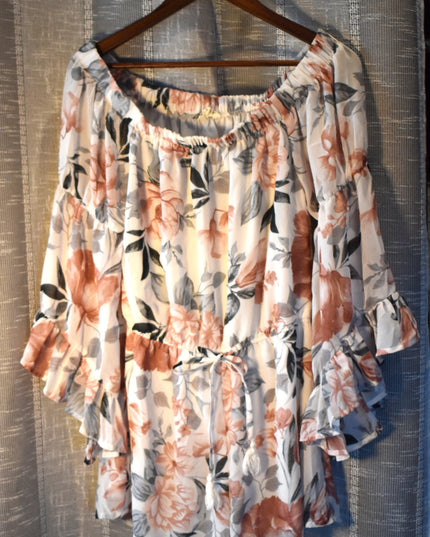 Hint of Blush Baby Doll On/Off Shoulder Floral Tie Front Mini Romper with Bell Sleeves