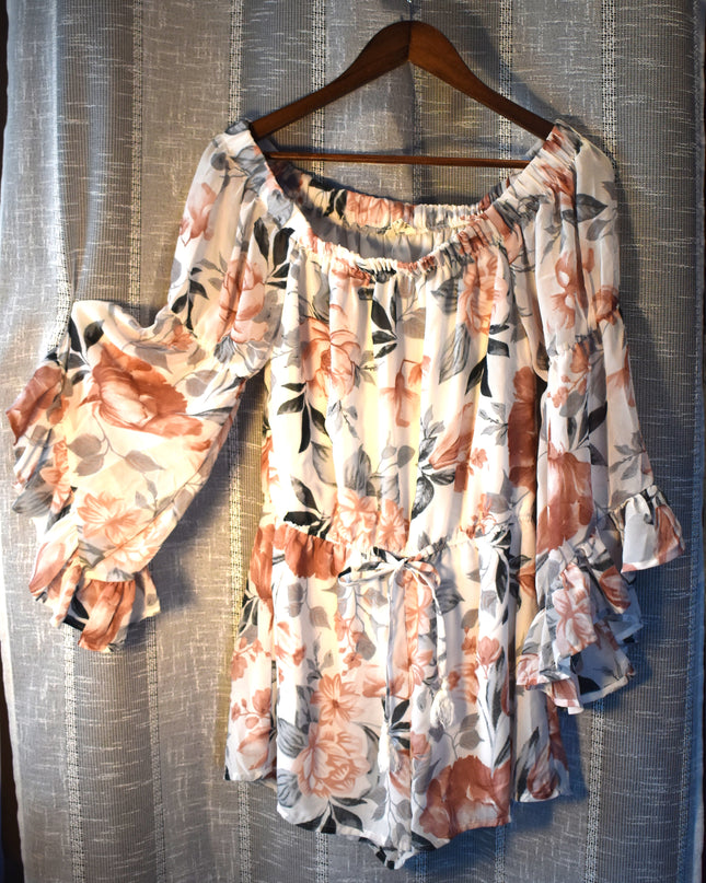 Hint of Blush Baby Doll On/Off Shoulder Floral Tie Front Mini Romper with Bell Sleeves