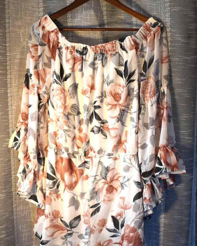 Hint of Blush Baby Doll On/Off Shoulder Floral Tie Front Mini Romper with Bell Sleeves