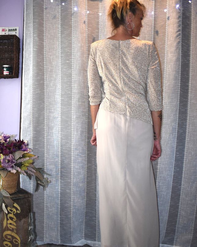 Alex Evenings Elegant Mock Two-Piece Gold Metallic Champagne Formal Dress with Sequins