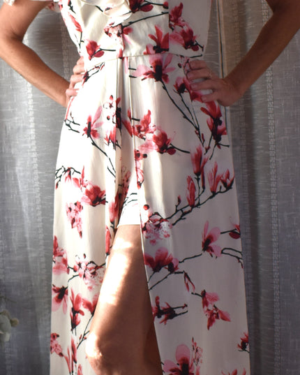 Premier Armour Cherry Blossom Design High Low Cold Shoulder Dress with Shorts and Ruffles