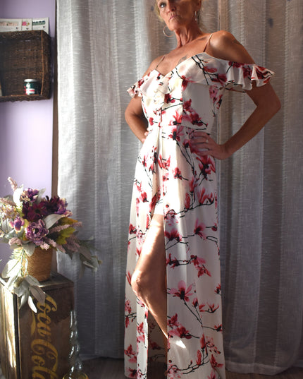 Premier Armour Cherry Blossom Design High Low Cold Shoulder Dress with Shorts and Ruffles