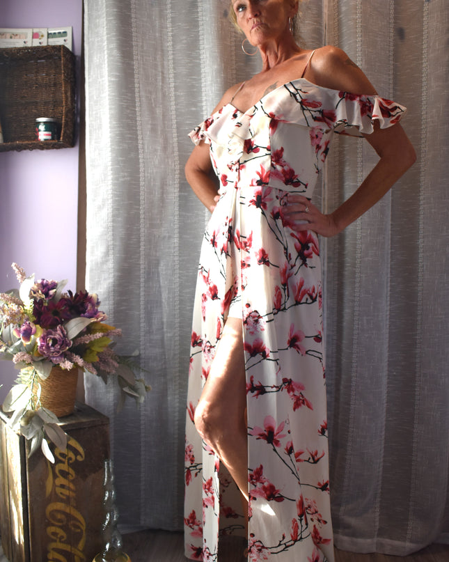 Premier Armour Cherry Blossom Design High Low Cold Shoulder Dress with Shorts and Ruffles