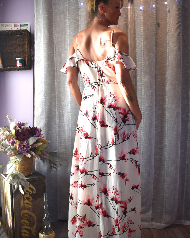 Premier Armour Cherry Blossom Design High Low Cold Shoulder Dress with Shorts and Ruffles