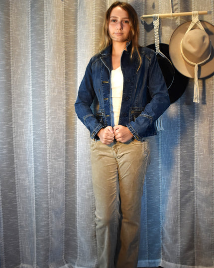 Vintage Fitted Y2K Old Navy Pleated Utility Denim Jacket Blazer Size S