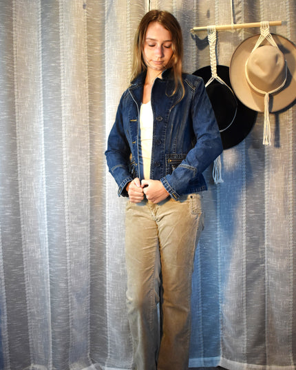 Vintage Fitted Y2K Old Navy Pleated Utility Denim Jacket Blazer Size S