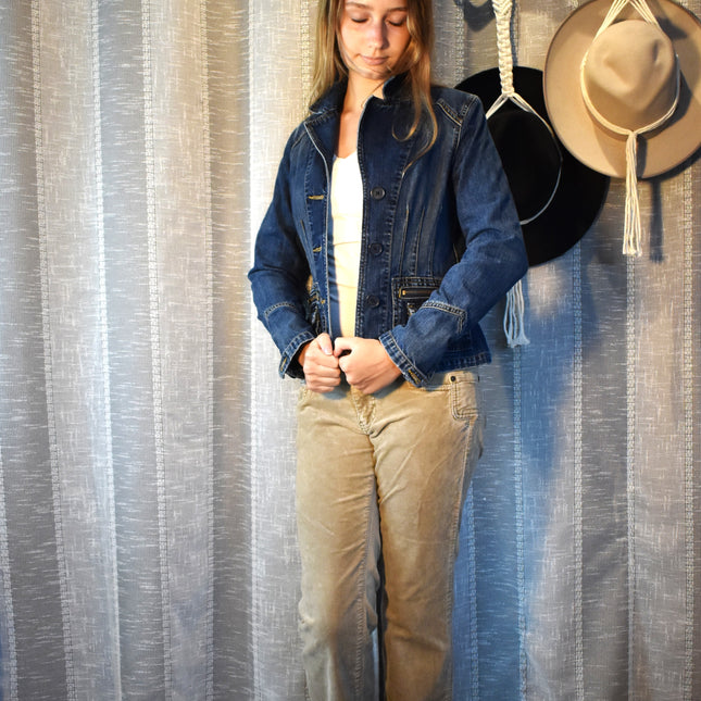 Vintage Fitted Y2K Old Navy Pleated Utility Denim Jacket Blazer Size S