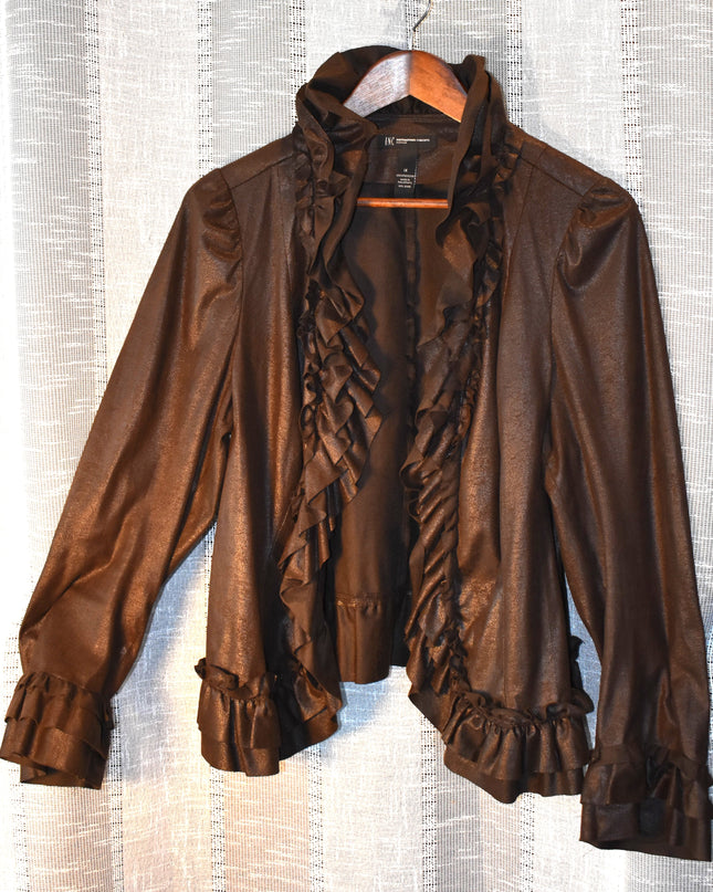 INC International Concepts Woman Wet Look Cropped Brown Bolero Style Jacket with Ruffles