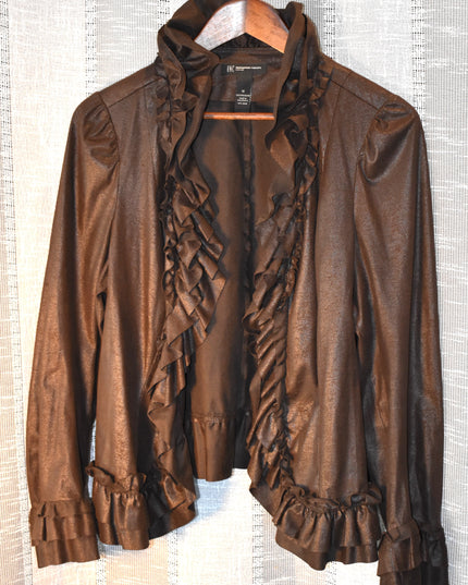INC International Concepts Woman Wet Look Cropped Brown Bolero Style Jacket with Ruffles