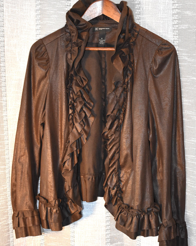 INC International Concepts Woman Wet Look Cropped Brown Bolero Style Jacket with Ruffles