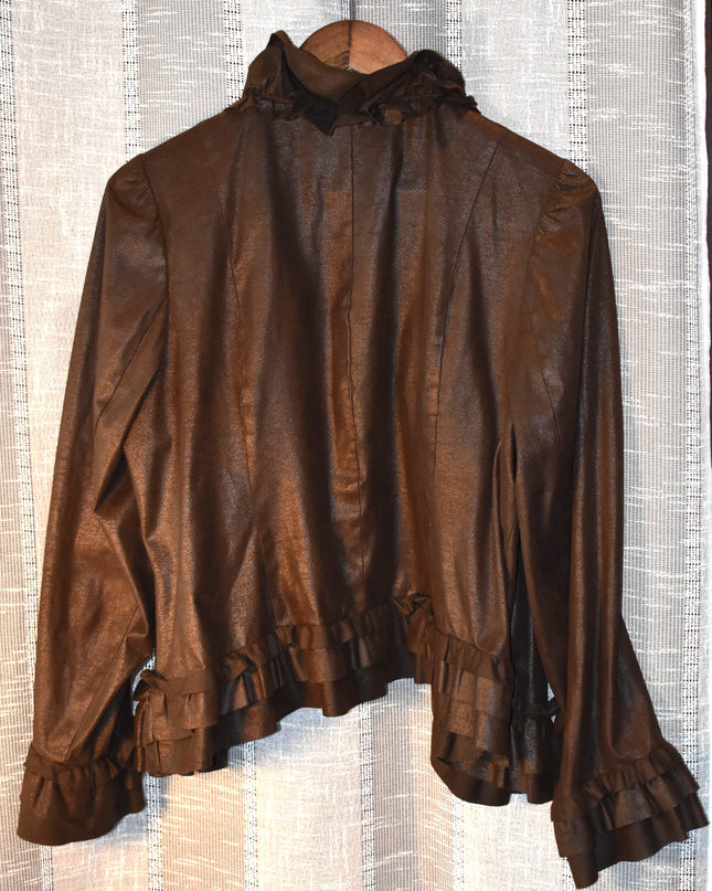 INC International Concepts Woman Wet Look Cropped Brown Bolero Style Jacket with Ruffles