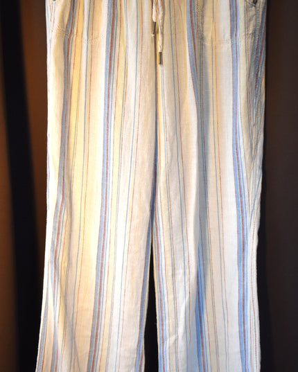Rewash Brand Linen Striped Pants with Shirred Waist & Tie Front