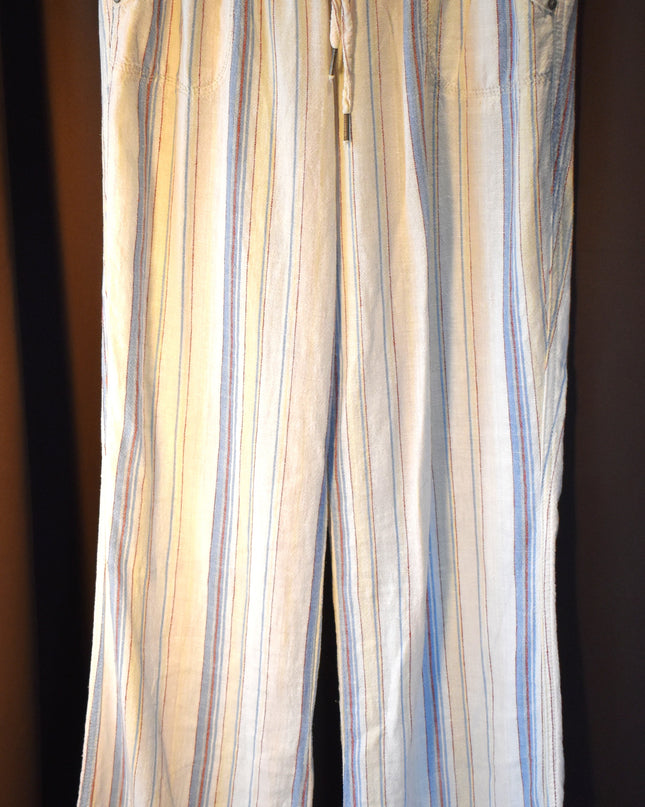 Rewash Brand Linen Striped Pants with Shirred Waist & Tie Front