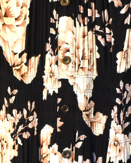 Lapis Black Floral Smocked Boho Tier Midi Sundress with Shirred Waist and Faux Front Buttons