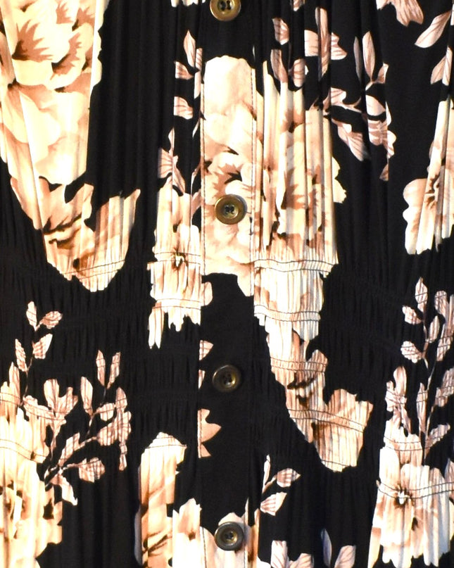 Lapis Black Floral Smocked Boho Tier Midi Sundress with Shirred Waist and Faux Front Buttons