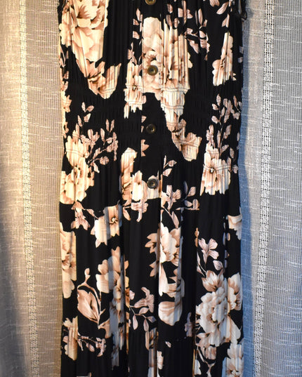 Lapis Black Floral Smocked Boho Tier Midi Sundress with Shirred Waist and Faux Front Buttons