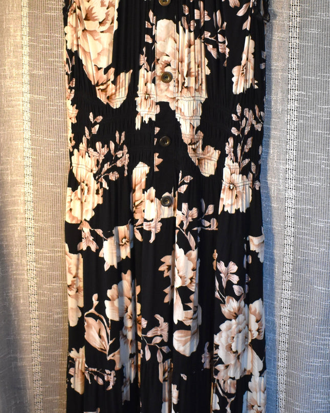 Lapis Black Floral Smocked Boho Tier Midi Sundress with Shirred Waist and Faux Front Buttons