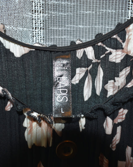 Lapis Black Floral Smocked Boho Tier Midi Sundress with Shirred Waist and Faux Front Buttons