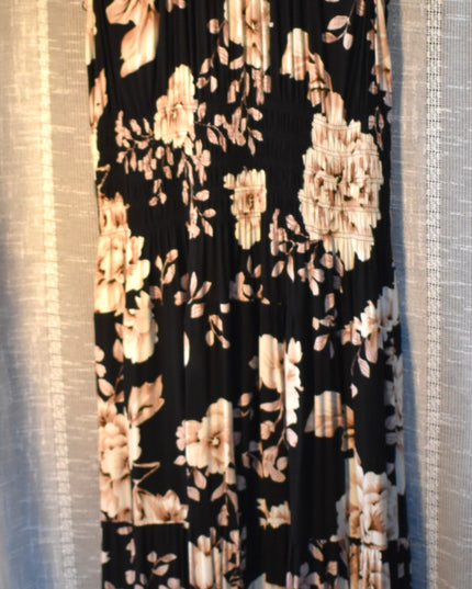Lapis Black Floral Smocked Boho Tier Midi Sundress with Shirred Waist and Faux Front Buttons