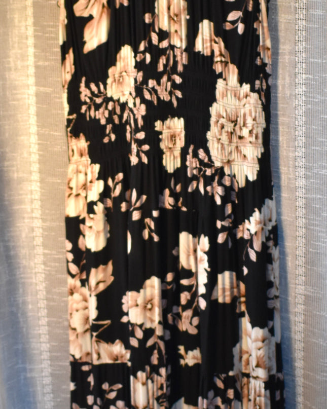 Lapis Black Floral Smocked Boho Tier Midi Sundress with Shirred Waist and Faux Front Buttons