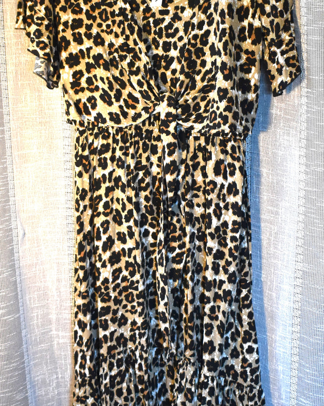 New Q & A Short -Sleeved Leopard Print Midi Dress with High-Low Ruffled Hemline