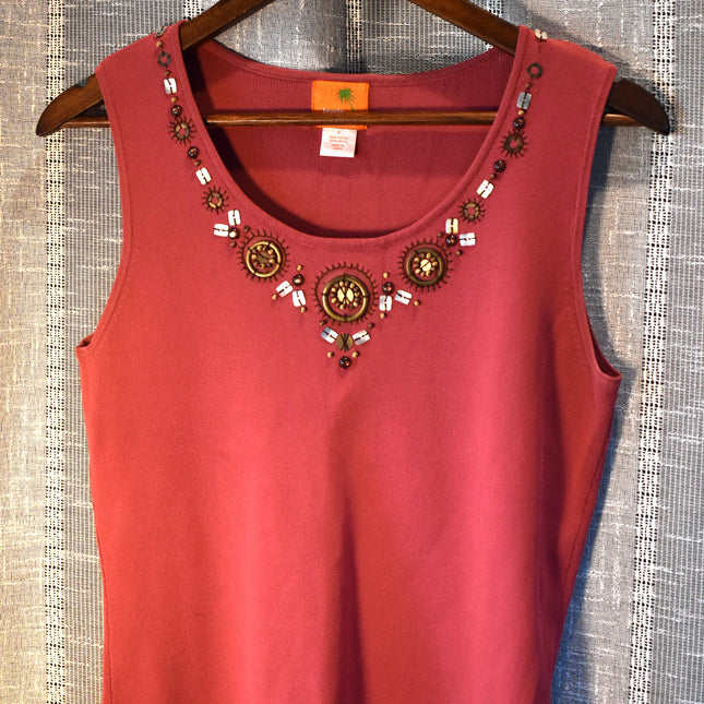 Vintage Y2k Hearts of Palm Coral Ribbed Tank Top with Beaded Bohemian Embellished Neckline