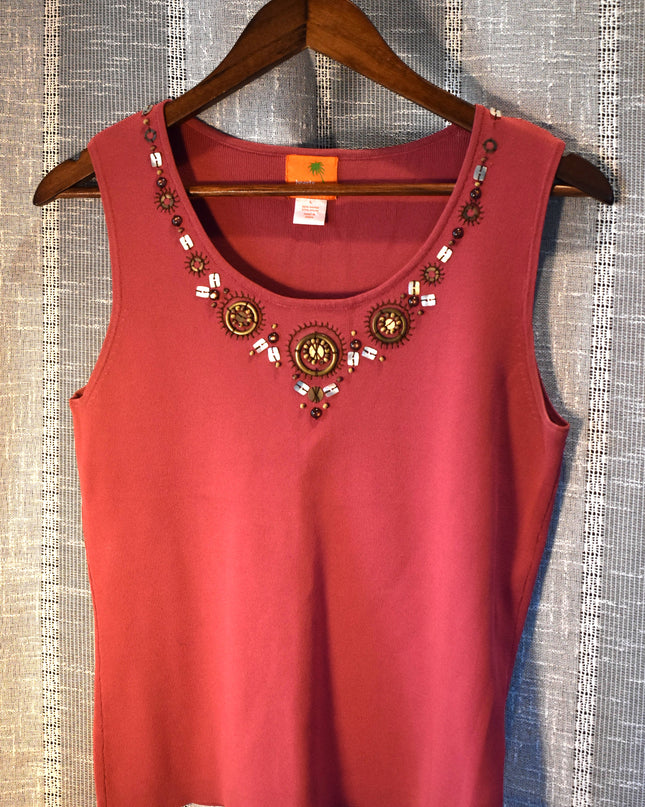 Vintage Y2k Hearts of Palm Coral Ribbed Tank Top with Beaded Bohemian Embellished Neckline