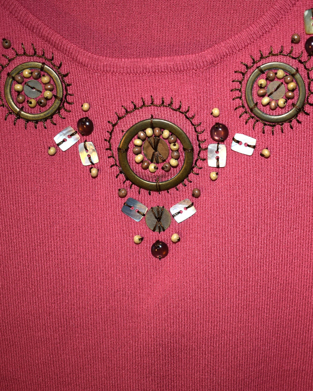 Vintage Y2k Hearts of Palm Coral Ribbed Tank Top with Beaded Bohemian Embellished Neckline