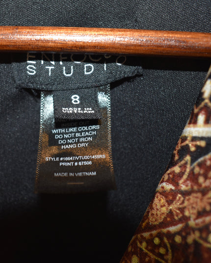 Enfocus Studio One-Piece Brown Paisley Sleeveless Jumpsuit with Elastic Waist & Cowl Neck