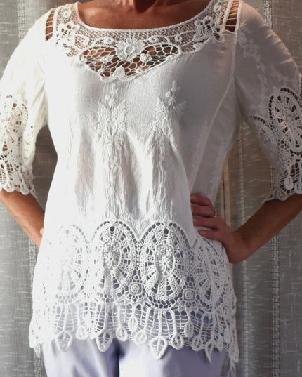 World Market Boho Embroidered Cutout Loose Fit Pullover Blouse