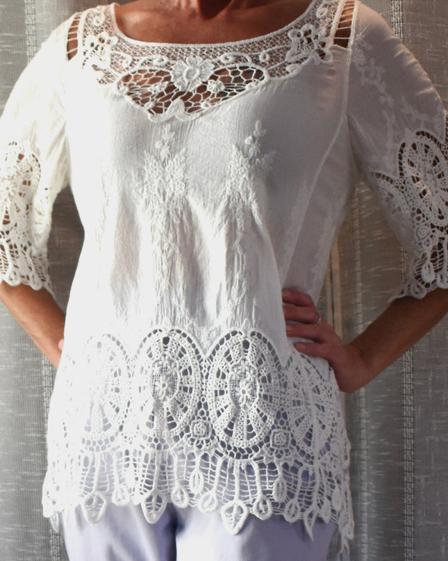 World Market Boho Embroidered Cutout Loose Fit Pullover Blouse