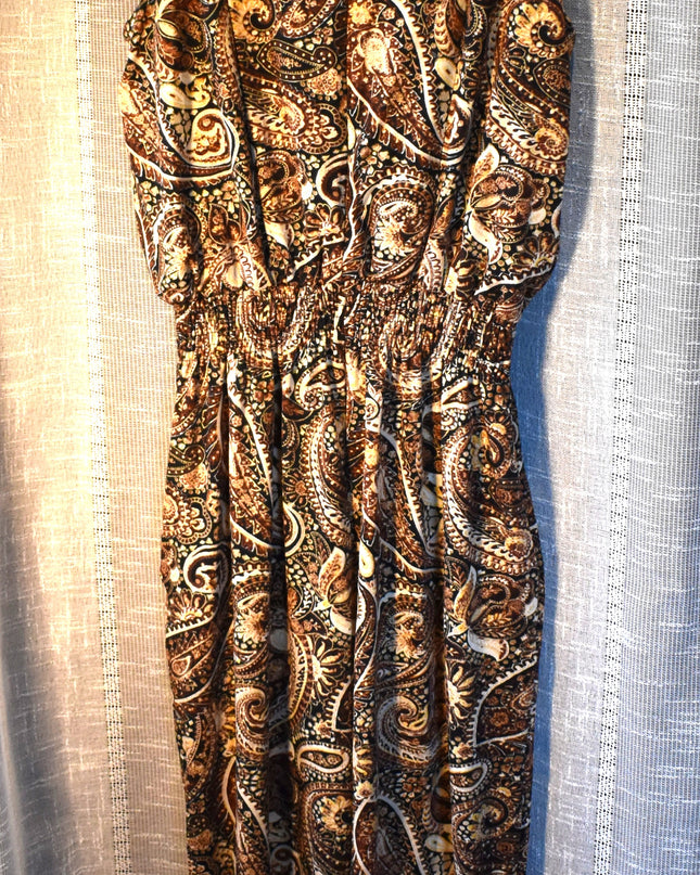 Enfocus Studio One-Piece Brown Paisley Sleeveless Jumpsuit with Elastic Waist & Cowl Neck
