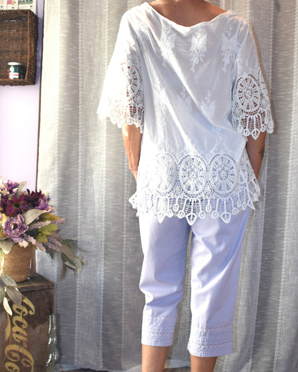 World Market Boho Embroidered Cutout Loose Fit Pullover Blouse