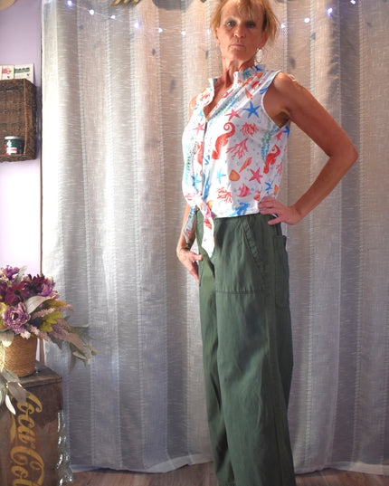 Onque Casual Front Tie Colorful Beach Design Blouse with Rhinestones