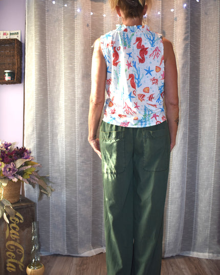 Onque Casual Front Tie Colorful Beach Design Blouse with Rhinestones