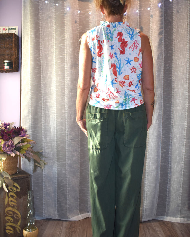 Onque Casual Front Tie Colorful Beach Design Blouse with Rhinestones