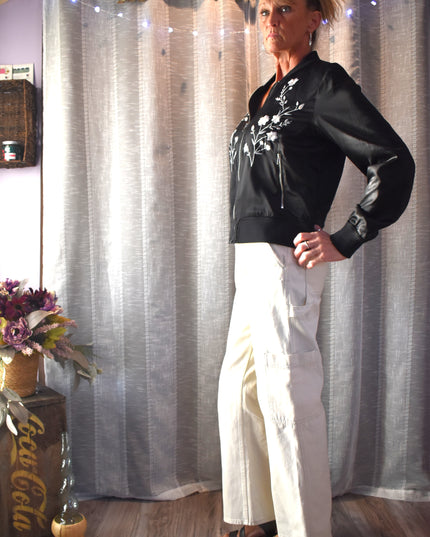 a.n.a. A New Approach Black Satin Look Bomber Jacket with White Embroidered Flowers