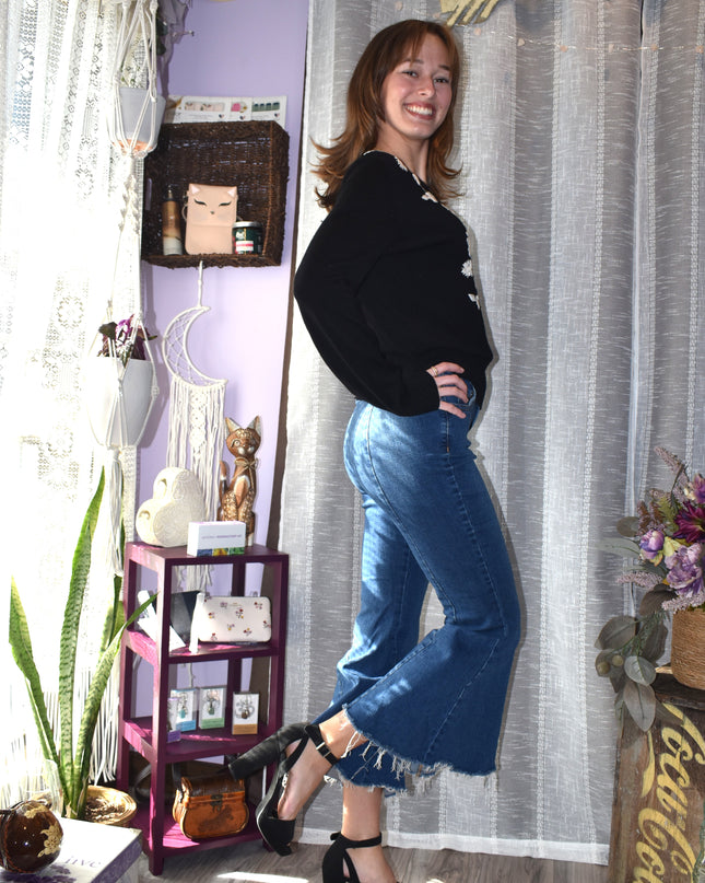 Kate Hill Vintage Boho Romantic Black Sweater with Embroidered Flowers