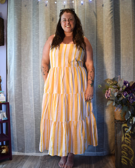 Free Assembly Striped Sundress with Elastic Shirred Back Panel & Pockets