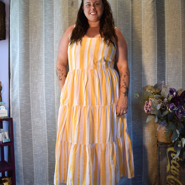 Free Assembly Striped Sundress with Elastic Shirred Back Panel & Pockets