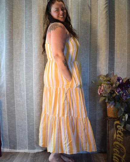 Free Assembly Striped Sundress with Elastic Shirred Back Panel & Pockets